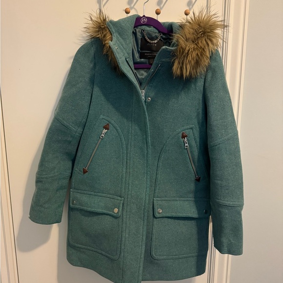 J. Crew Turquoise Chateau Coat with Faux Fur Hood - Picture 1 of 7